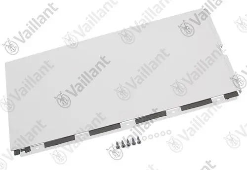 Weißes Metallpaneel von Vaillant mit Montagevorrichtungen und Schrauben, geeignet für die linke Seite einer Heizungsanlage.